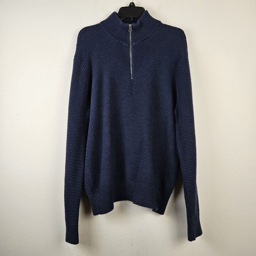 J.CREW Cotton half-zip sweater in rustic moss stitch Size Medium Navy - Picture 2 of 9